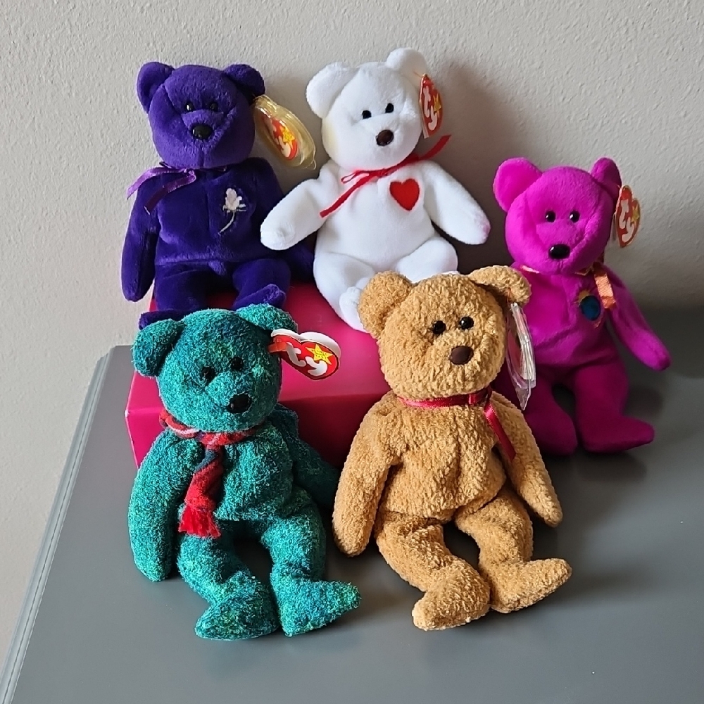 Ty Beanie Babies Plush Set - Purple, White, Pink, Green, Tan